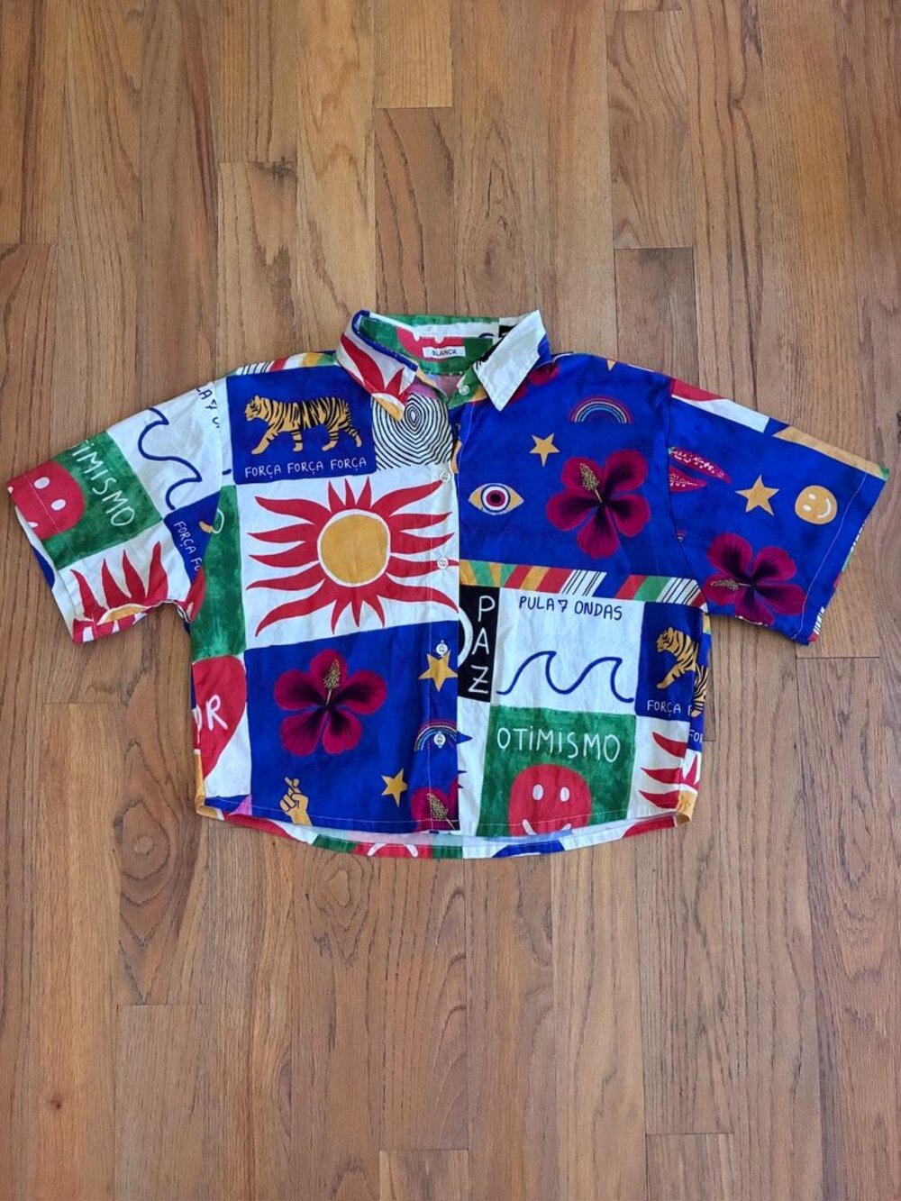 Amazing BLANCK Brazil Brasil Women's Patchwork Graphic Button Shirt Medium